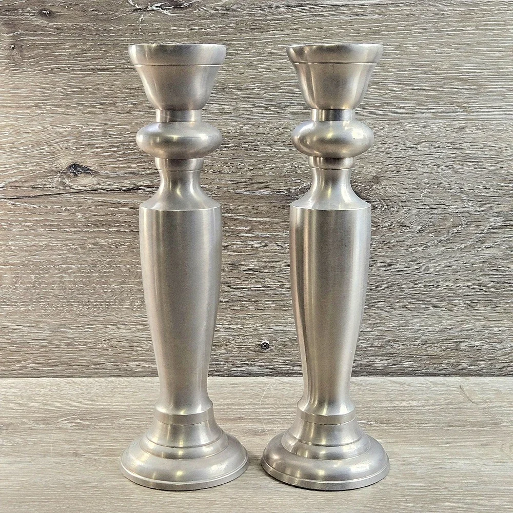 Vintage Brushed Silver Tone Candlestick Holders Pair Round Base Decor India